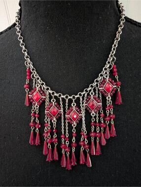 Festival Boho Ruby Red Stones Silver Tone Necklace